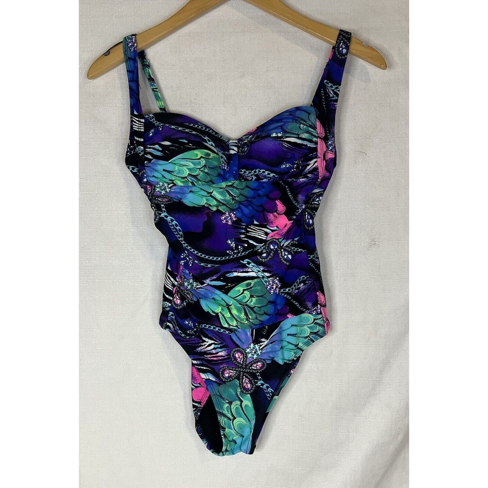 Antiqua One Piece Blue Peacock Print Swim Bathing Suit Women's Small (2-4)